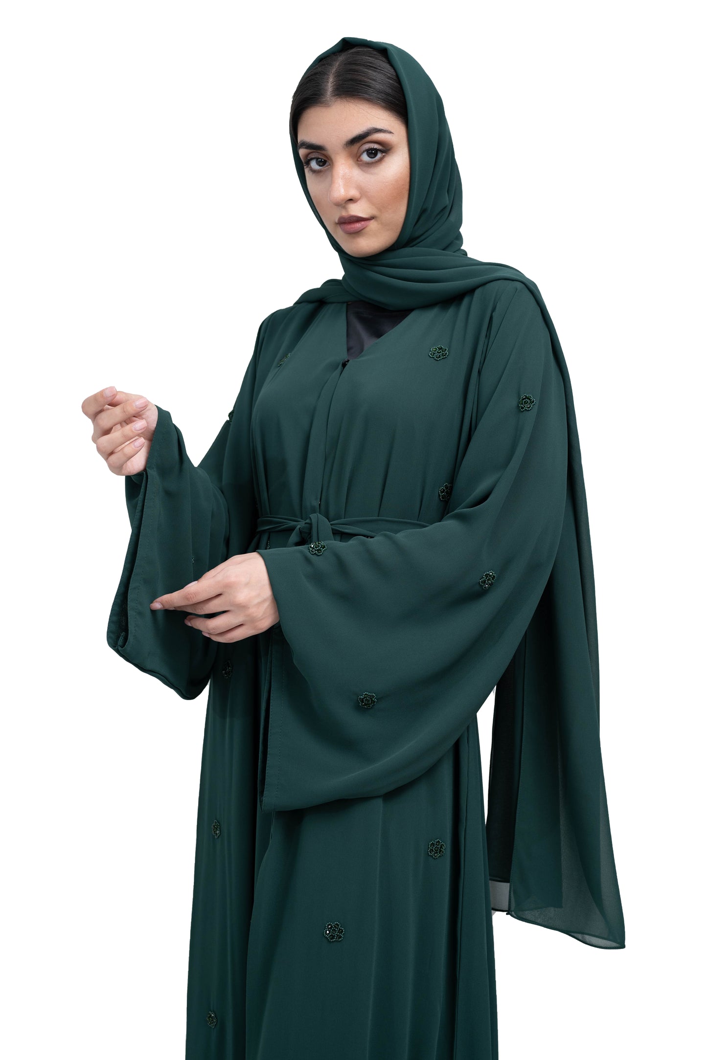 Trendy-Dark-Green-Double-chiffon-Abaya-with-Floral-Beadwork-Design-includes-Matching-Hijab-and-Belt-632