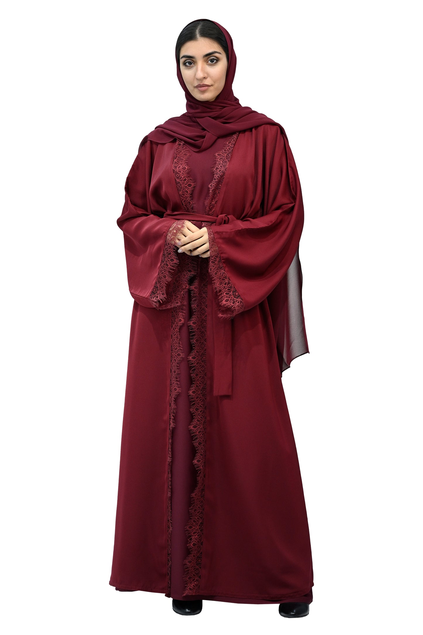 Burgundy-Lace-abaya-with-belt-&-Hijab-694