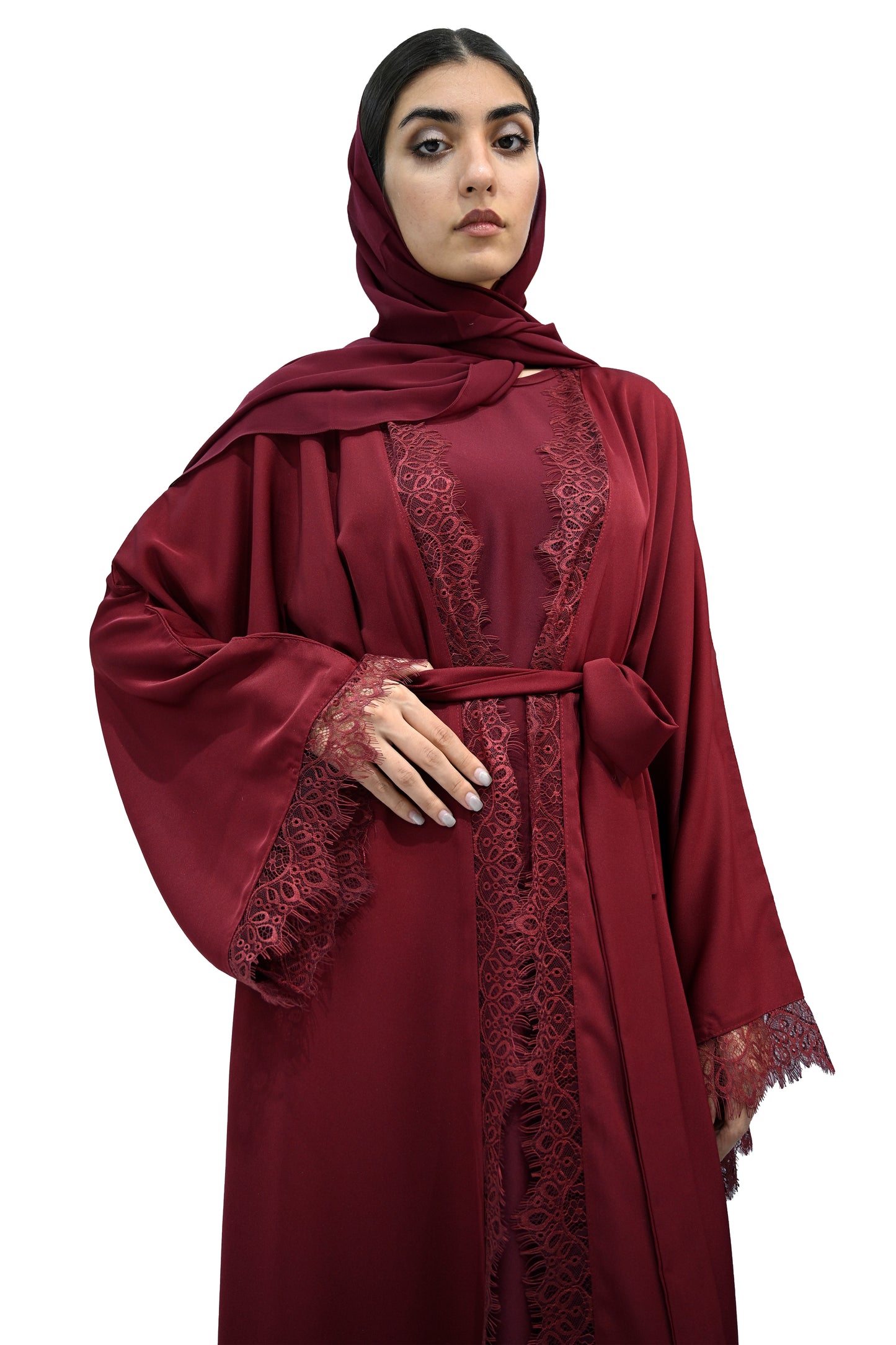 Burgundy-Lace-abaya-with-belt-&-Hijab-694
