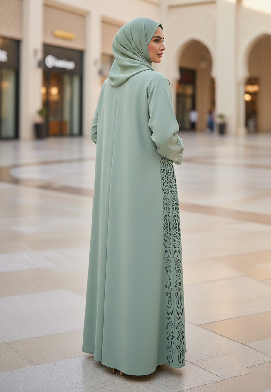 Soft-Sage-Green-Abaya-with-Tonal-Embroidered-Panel-|-Nida-Fabric-800