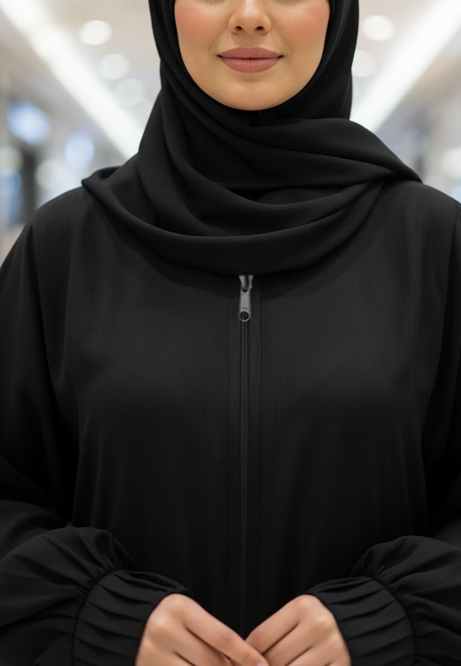 Zip-Front-Nida-Abaya-with-Volume-Ruched-Sleeves-812