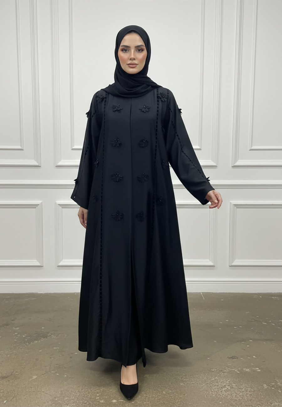 Floral-Applique-Abaya-|Linen-Blend-Fabric-932