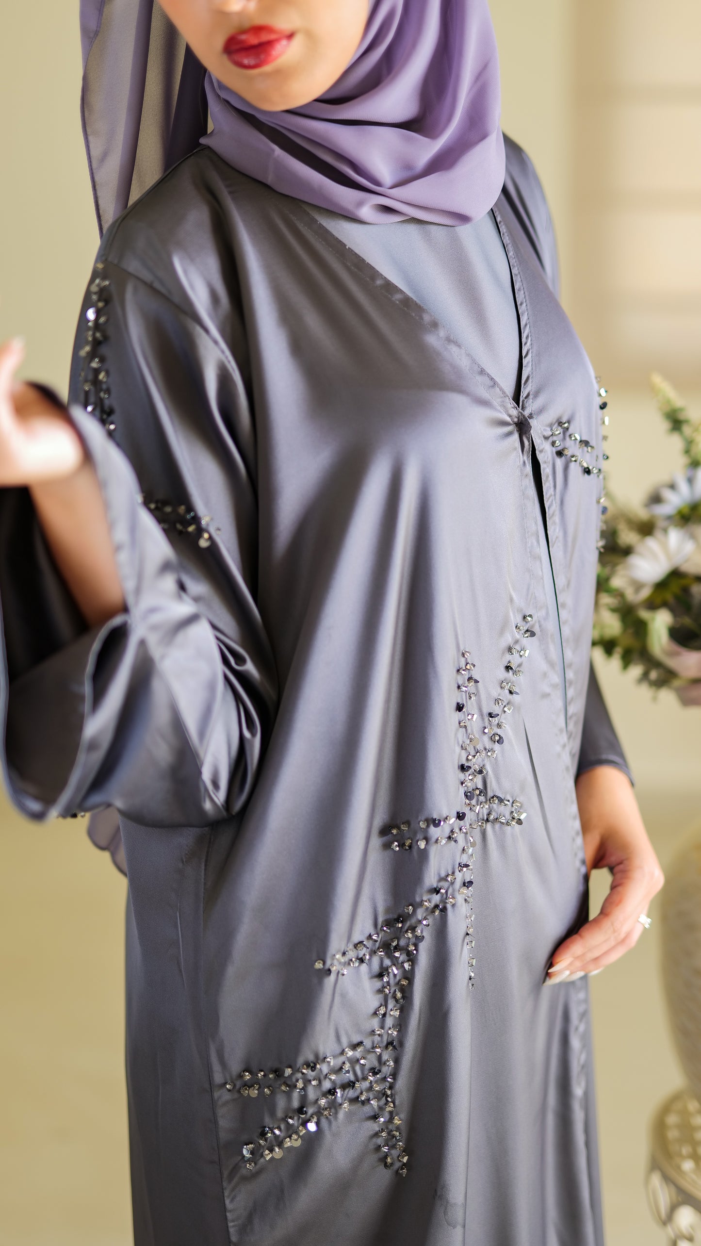 Grey Armani Satin Abaya Set-N40A