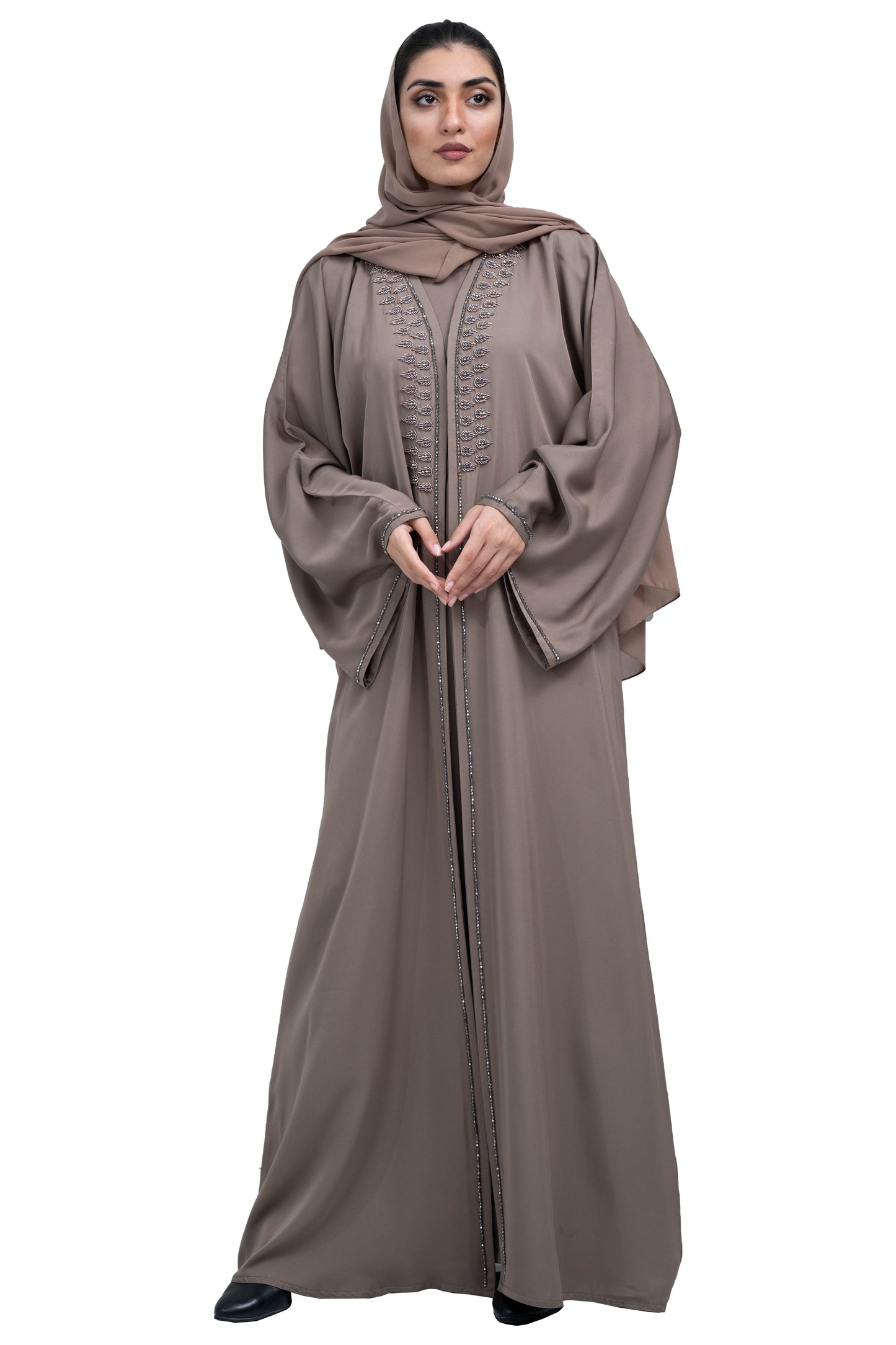 Graceful-Khaki-Nida-2-Piece-Abaya-Set-with-Beadwork-includes-Hijab-and-Inner-Dress-2P633