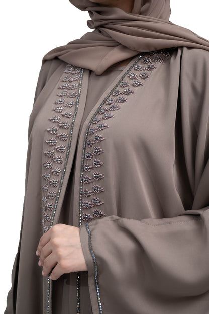 Graceful-Khaki-Nida-2-Piece-Abaya-Set-with-Beadwork-includes-Hijab-and-Inner-Dress-2P633