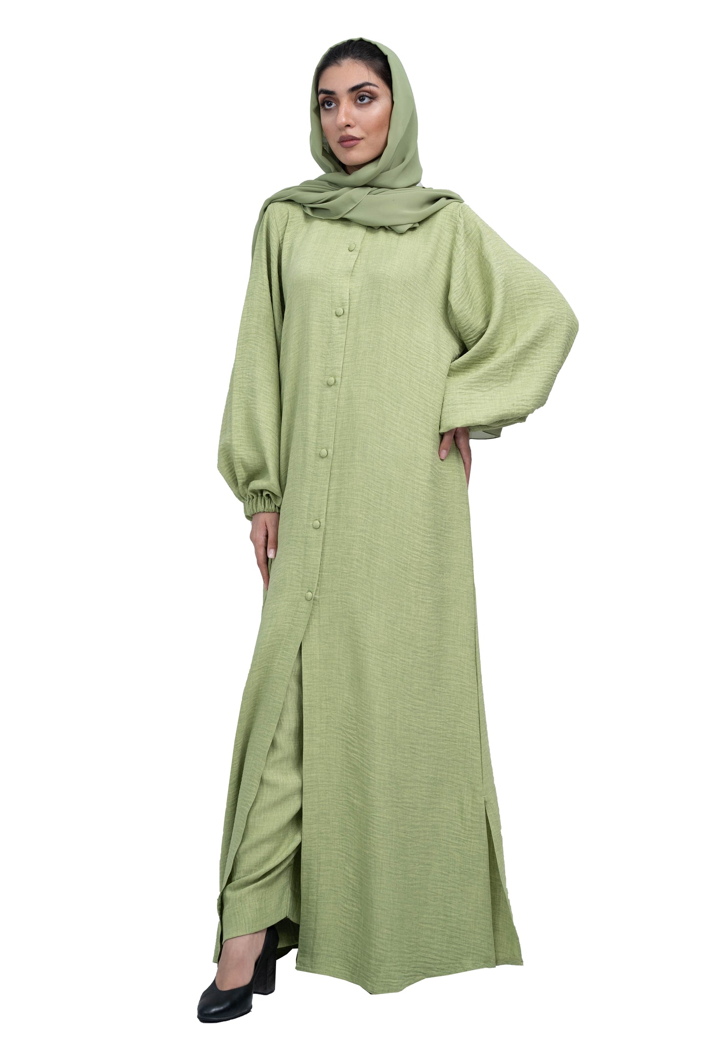 Pastel-Green-Front-Open-Co-Ord-Set-in-CY-MilanC-fabric-with-Button-Detailing-includes-hijab-2P643