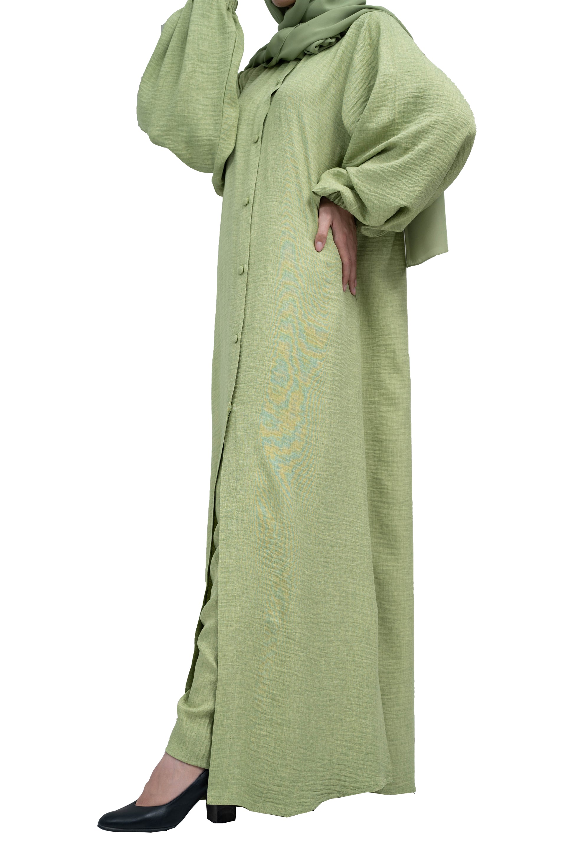 Pastel-Green-Front-Open-Co-Ord-Set-in-CY-MilanC-fabric-with-Button-Detailing-includes-hijab-2P643