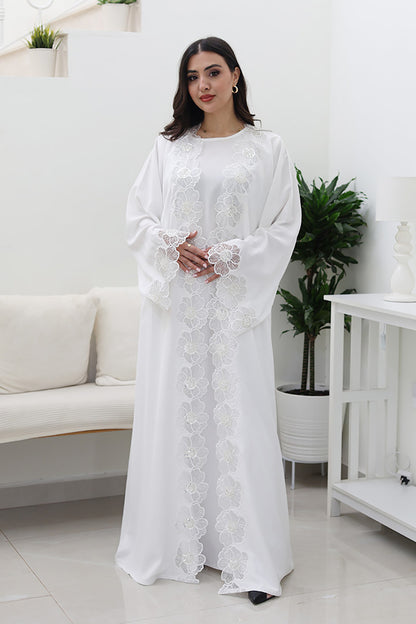 White Floral Abaya-Comes with matching inner-2P743
