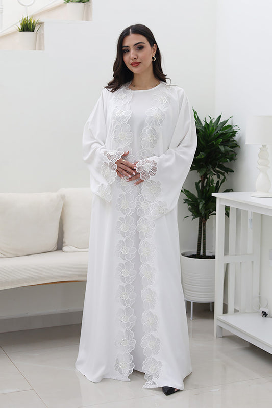 White Floral Abaya-Comes with matching inner-2P743