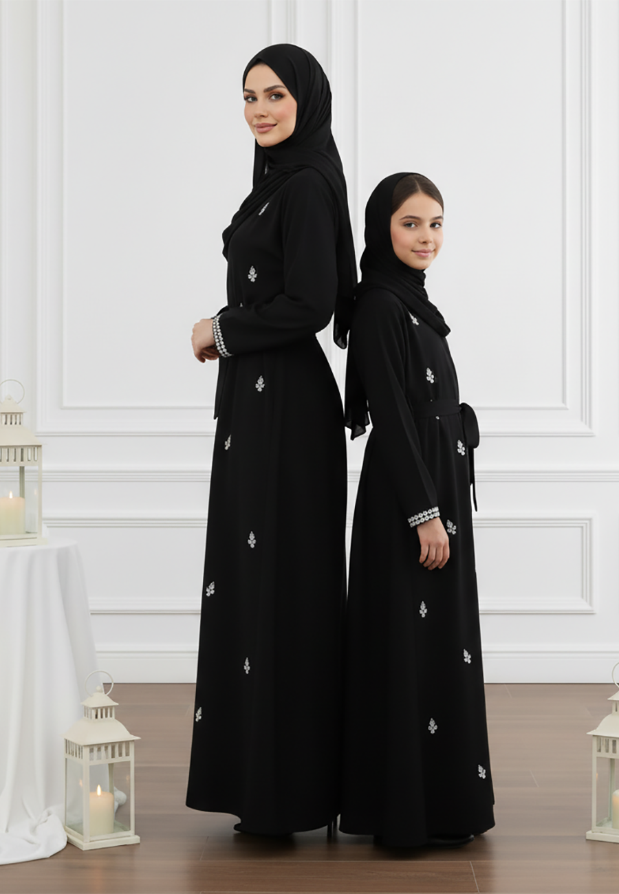 Luxurious Mother & Daughter 2-Piece Abaya Set | Intricate Beads Work & Matching Inner Dress-2P822MD