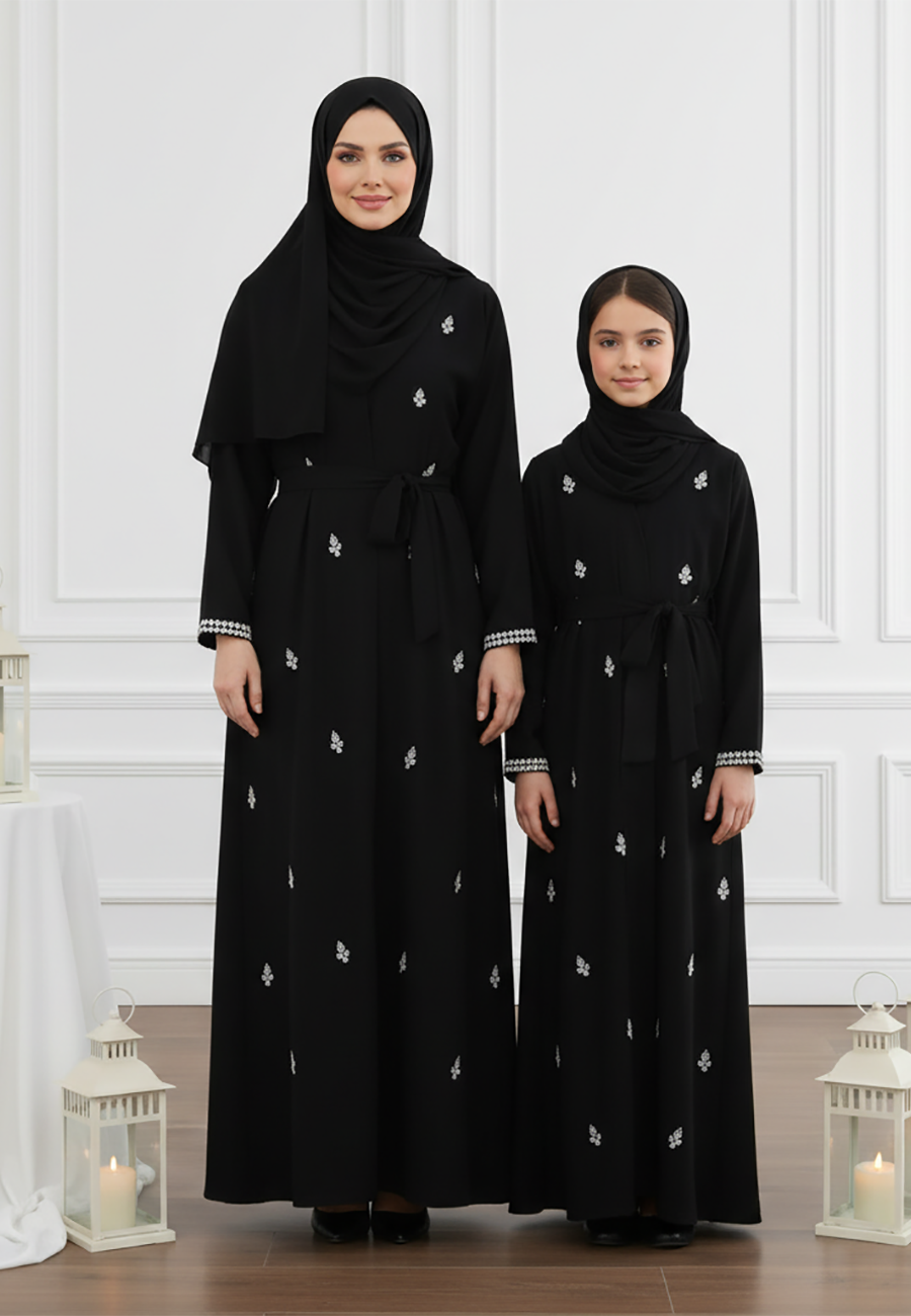 Luxurious Mother & Daughter 2-Piece Abaya Set | Intricate Beads Work & Matching Inner Dress-2P822MD