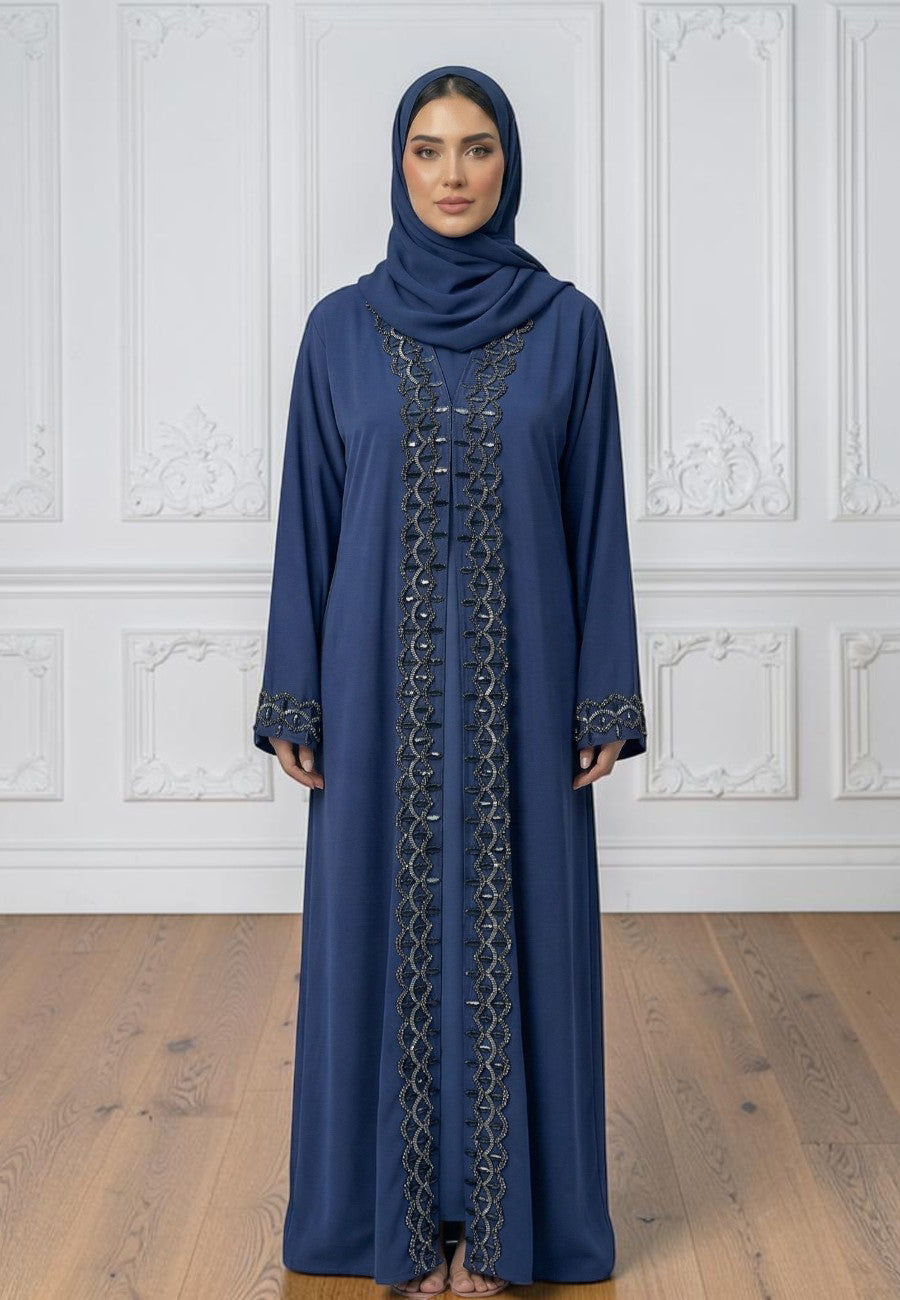 Navy-Blue-Elegance:-Two-Piece-Embellished-Abaya-Set-|-Nida-Fabric-2P865