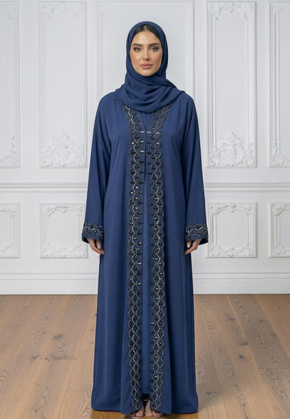 Navy-Blue-Elegance:-Two-Piece-Embellished-Abaya-Set-|-Nida-Fabric-2P865