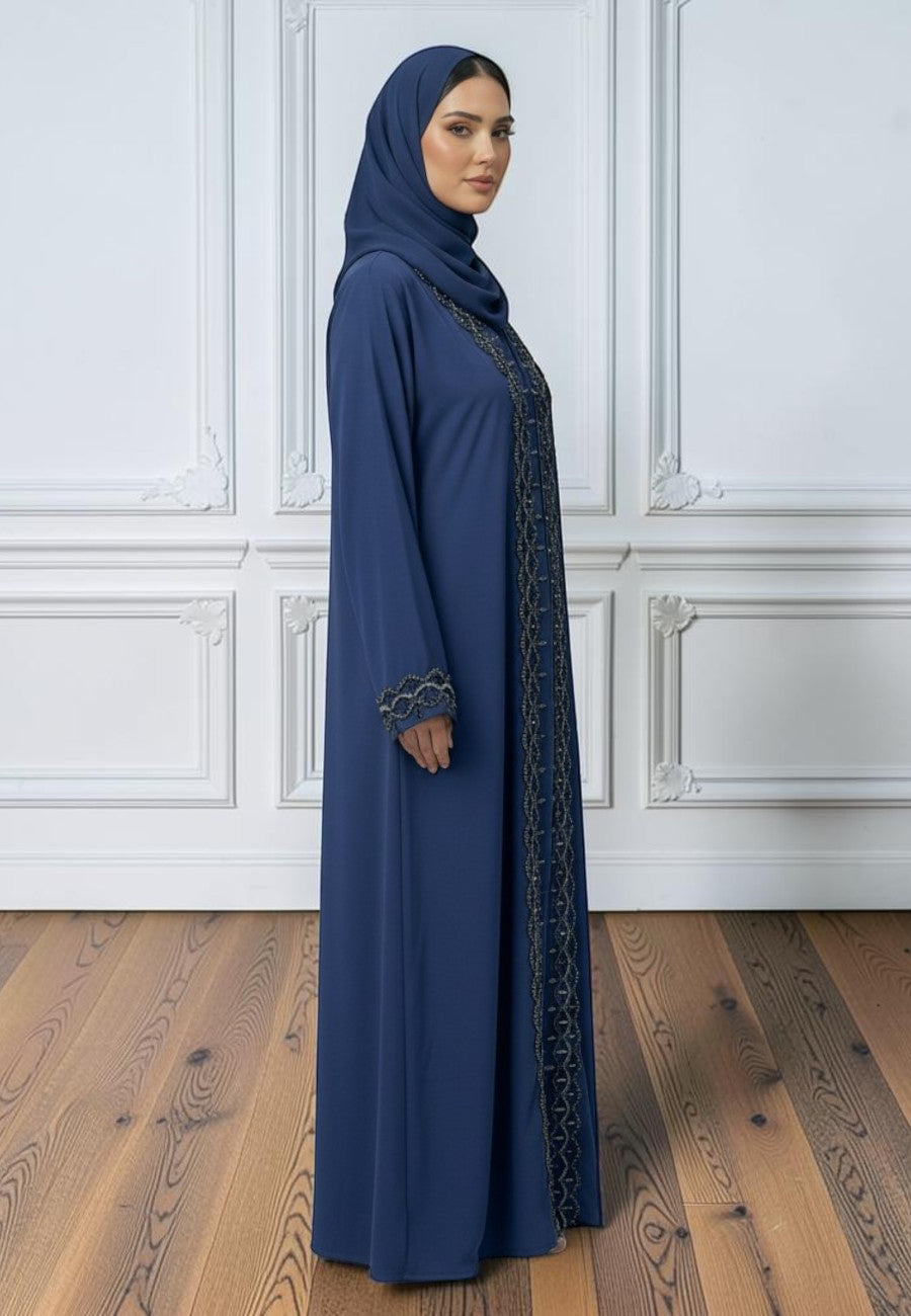 Navy-Blue-Elegance:-Two-Piece-Embellished-Abaya-Set-|-Nida-Fabric-2P865