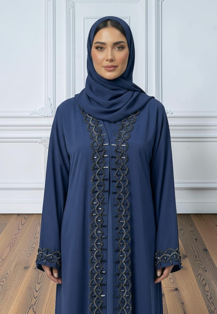 Navy-Blue-Elegance:-Two-Piece-Embellished-Abaya-Set-|-Nida-Fabric-2P865