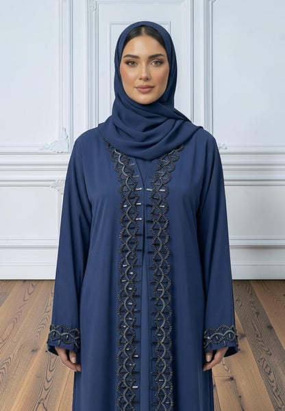 Navy-Blue-Elegance:-Two-Piece-Embellished-Abaya-Set-|-Nida-Fabric-2P865