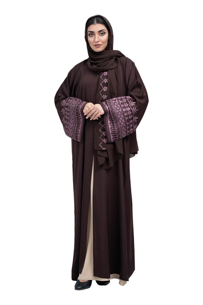 Exquisite-Coffee-Brown-Nida-Abaya-with-Elegant-Pink-Embroidery-and-Matching-embroidered-Hijab-629