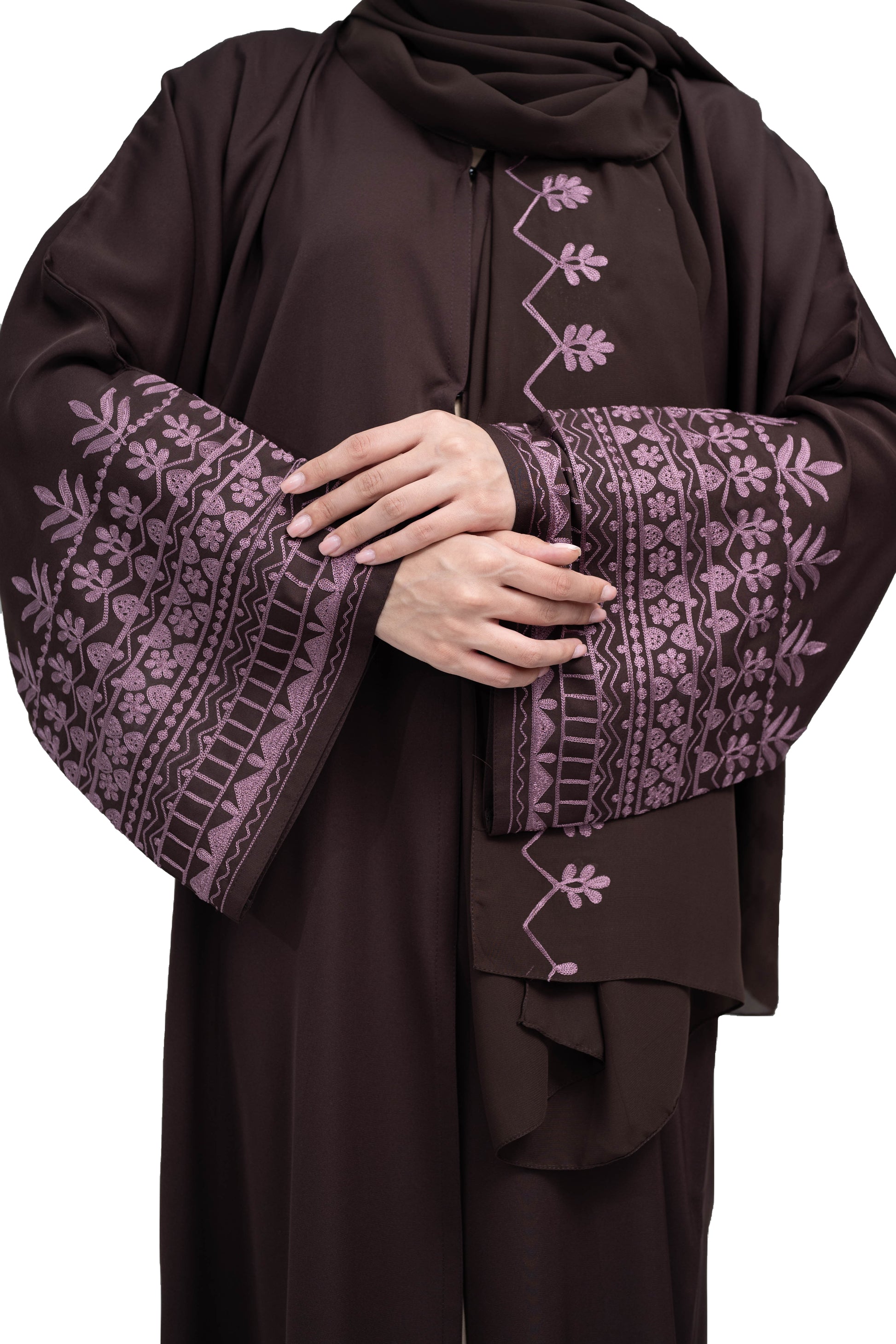 Exquisite-Coffee-Brown-Nida-Abaya-with-Elegant-Pink-Embroidery-and-Matching-embroidered-Hijab-629