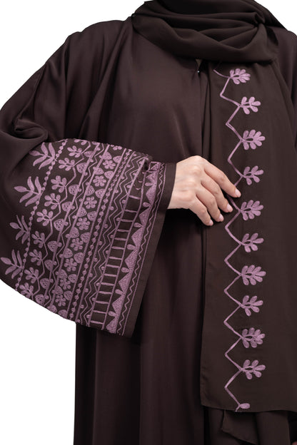 Exquisite-Coffee-Brown-Nida-Abaya-with-Elegant-Pink-Embroidery-and-Matching-embroidered-Hijab-629