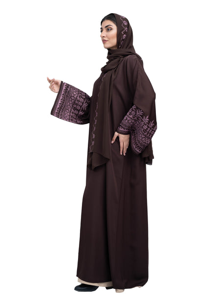 Exquisite-Coffee-Brown-Nida-Abaya-with-Elegant-Pink-Embroidery-and-Matching-embroidered-Hijab-629