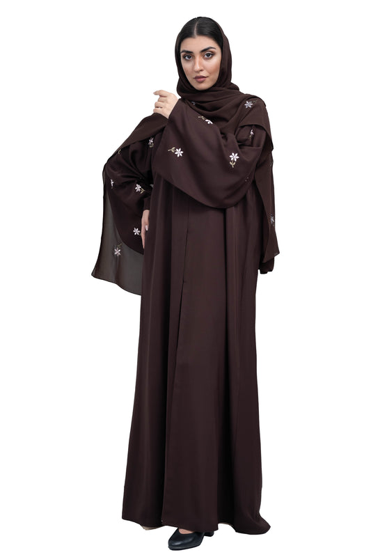 Sleek-Coffee-Brown-Nida-Abaya-with-Intricate-Floral-Embroidery-and-Matching-embroidered-Hijab-630