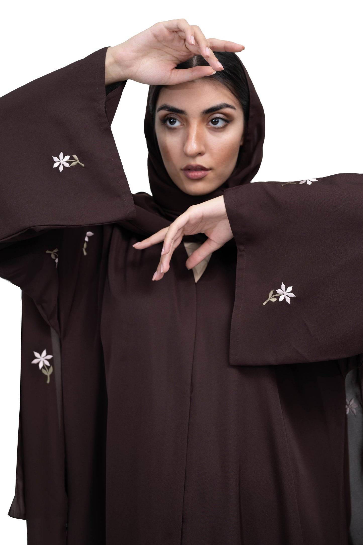 Sleek-Coffee-Brown-Nida-Abaya-with-Intricate-Floral-Embroidery-and-Matching-embroidered-Hijab-630