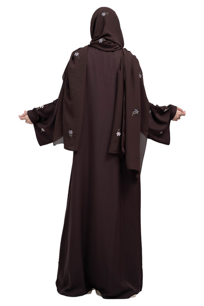 Sleek-Coffee-Brown-Nida-Abaya-with-Intricate-Floral-Embroidery-and-Matching-embroidered-Hijab-630