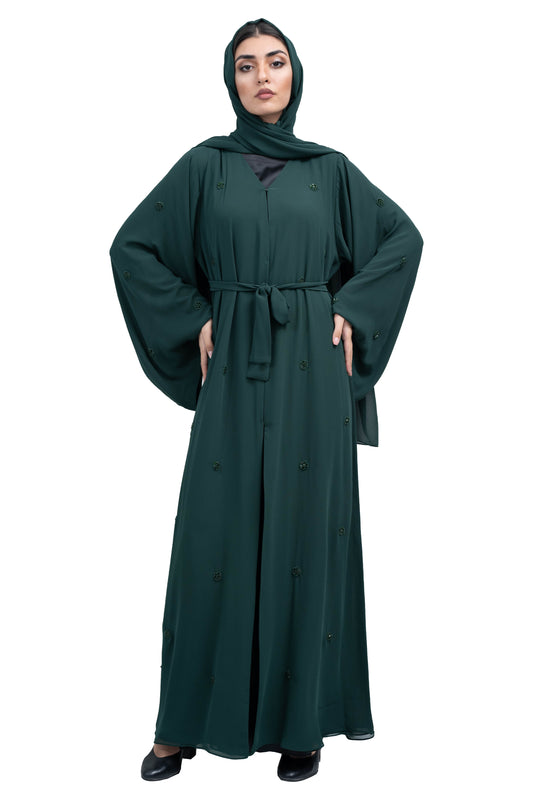 Trendy-Dark-Green-Double-chiffon-Abaya-with-Floral-Beadwork-Design-includes-Matching-Hijab-and-Belt-632