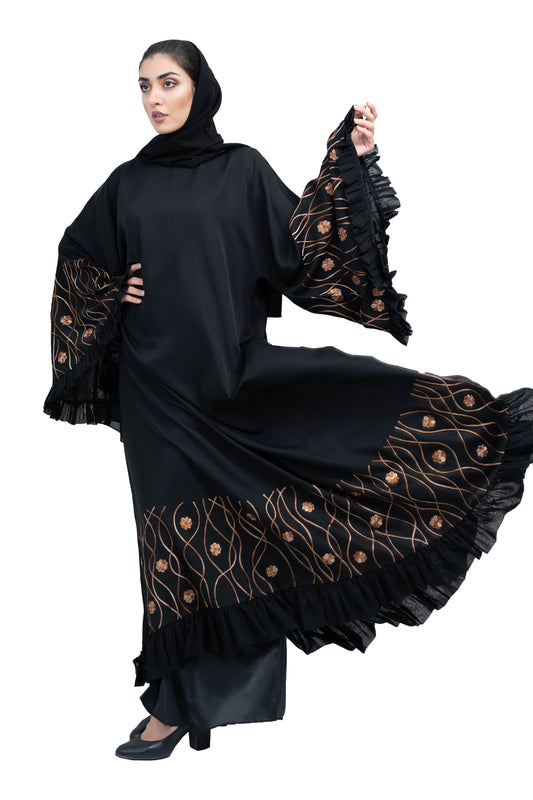 Chic-Black-Nida-Abaya-with-Brown-Floral-Embroidery-and-Frill-Design-includes-Hijab-635