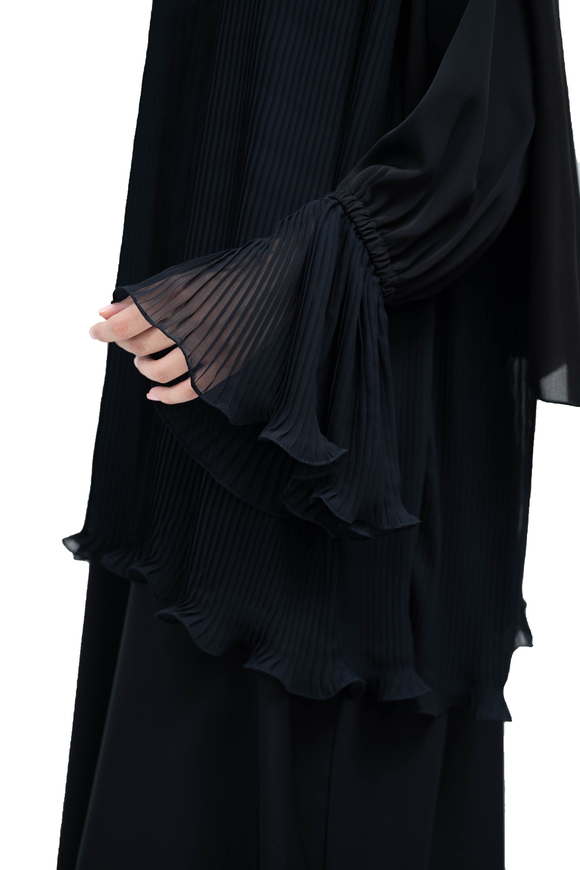 Classy-Black-Nida-and-Chiffon-2-Piece-Skirt-Top-Set-with-Frill-Sleeves-detail-and-Matching-Hijab-636