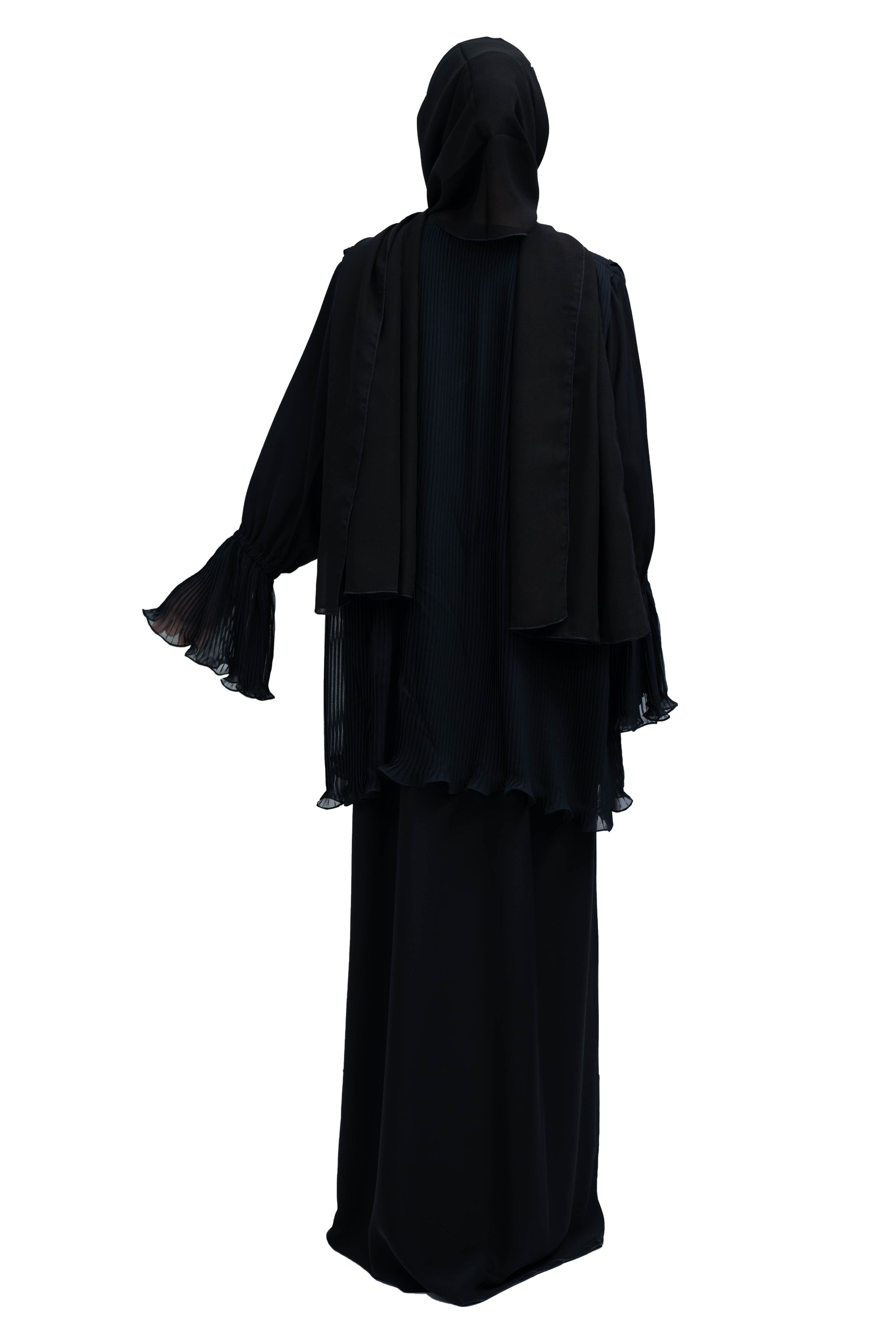 Classy-Black-Nida-and-Chiffon-2-Piece-Skirt-Top-Set-with-Frill-Sleeves-detail-and-Matching-Hijab-636