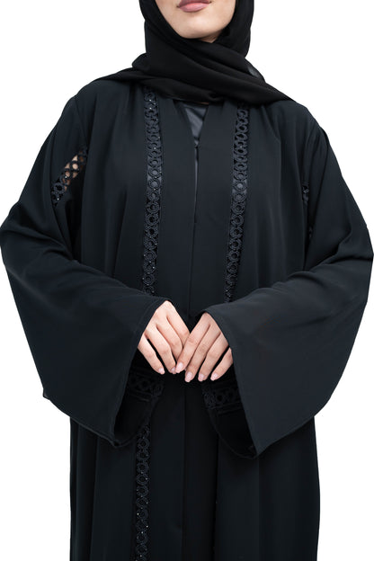 Stylish-Black-Nida-Abaya-with-Intricate-Cutwork-Lace-Detailing-includes-Hijab-639