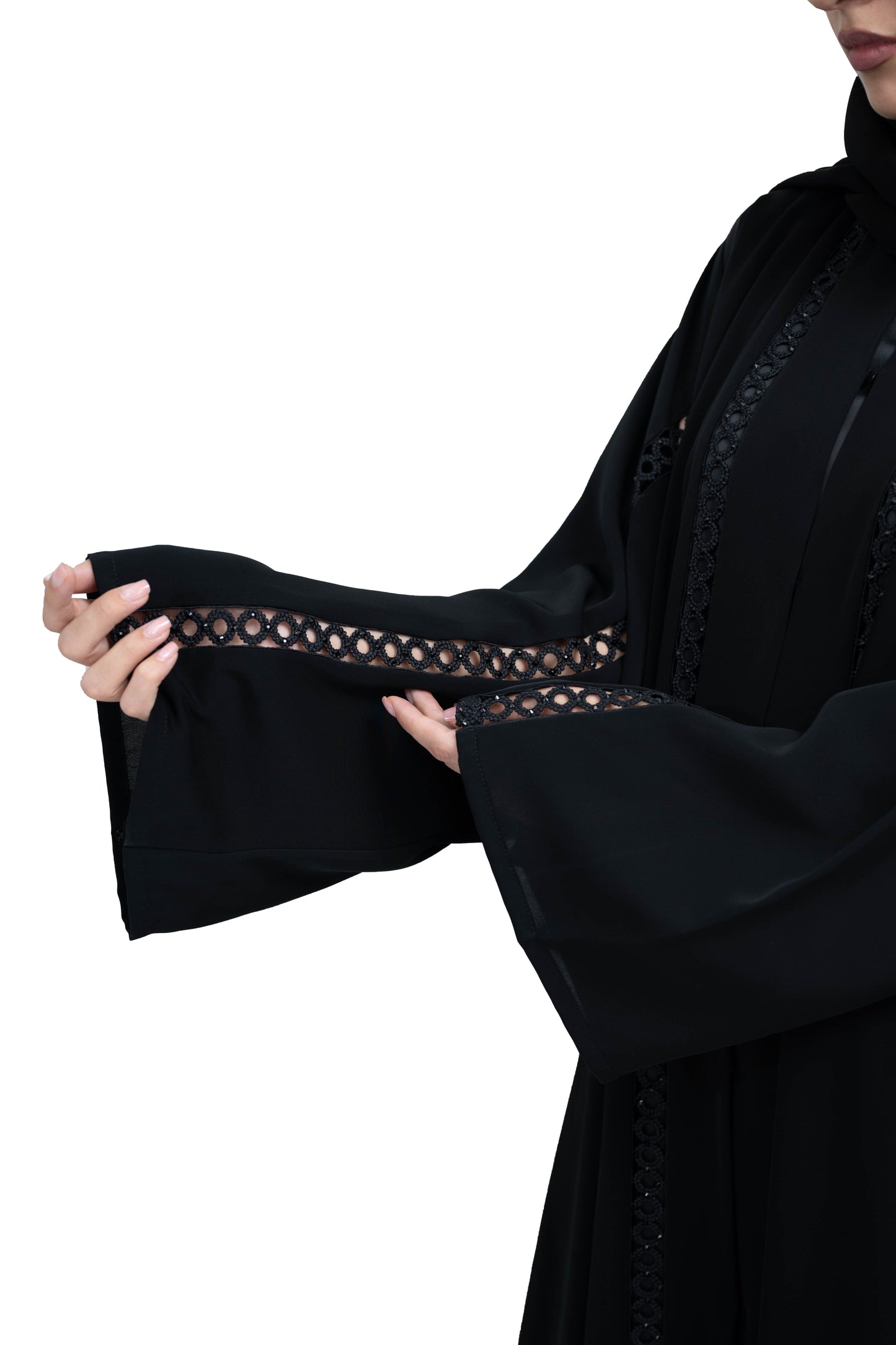 Stylish-Black-Nida-Abaya-with-Intricate-Cutwork-Lace-Detailing-includes-Hijab-639