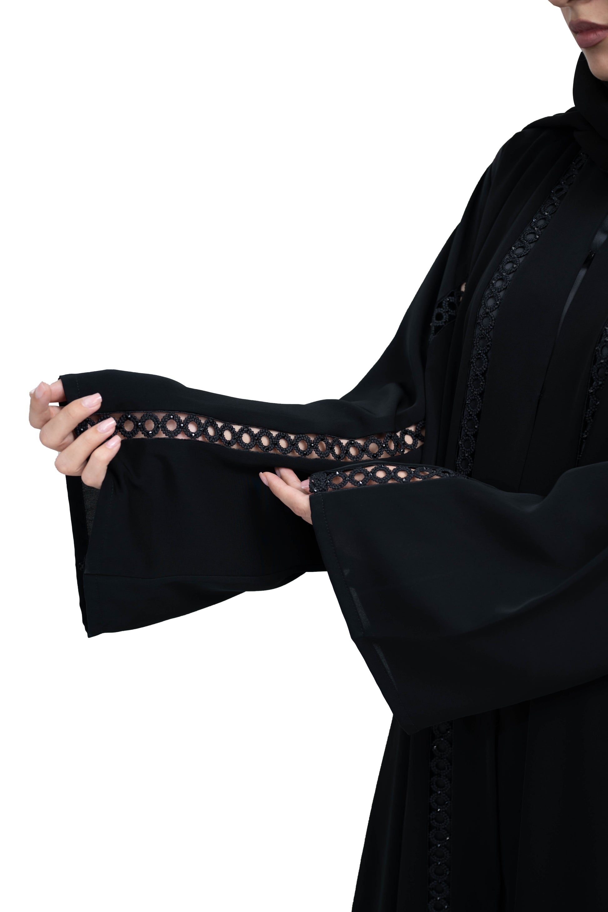 Stylish-Black-Nida-Abaya-with-Intricate-Cutwork-Lace-Detailing-includes-Hijab-639