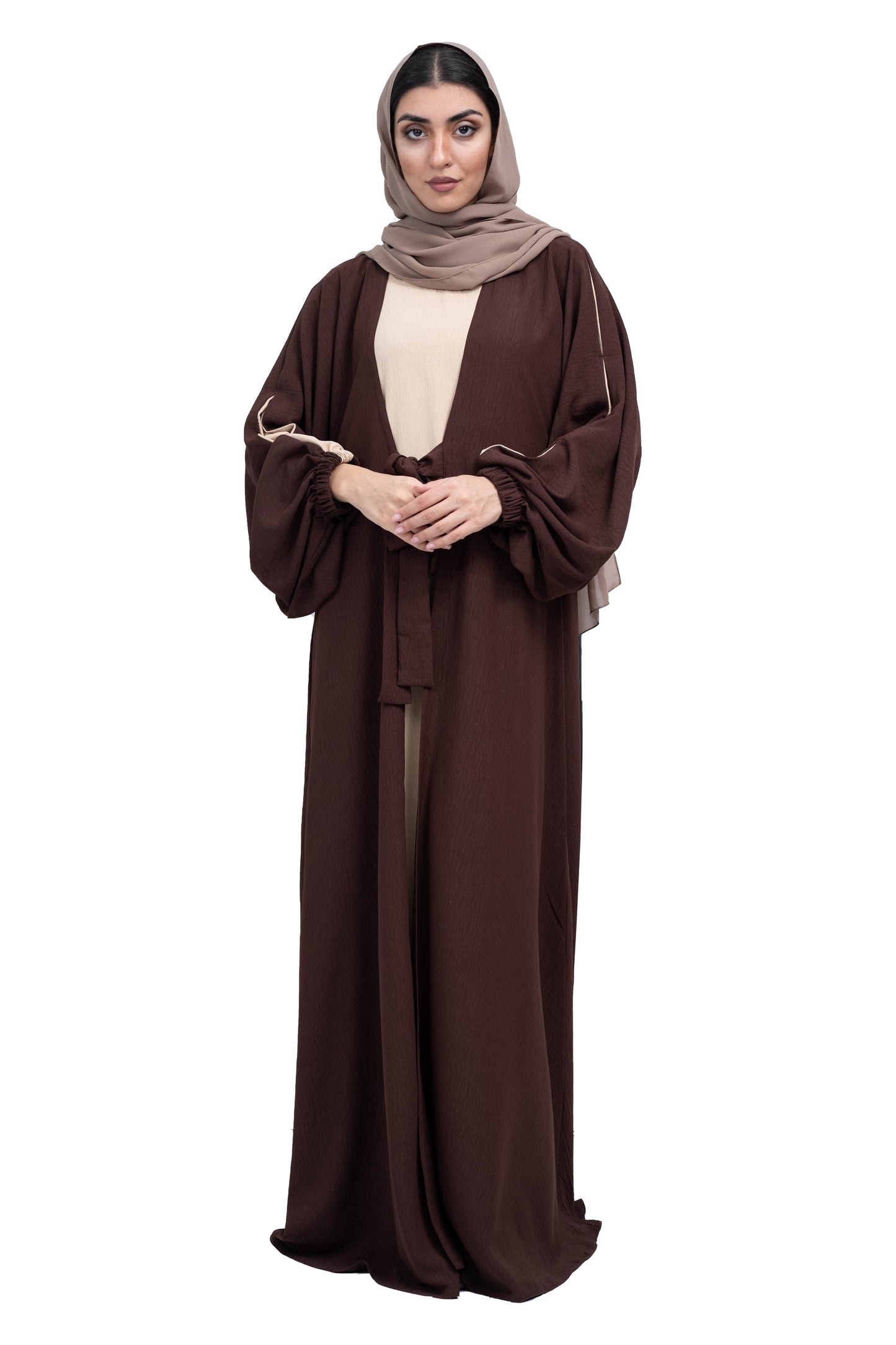 Elegant-Dark-Brown-and-Beige-CY-MilanC-fabric-Abaya-with-Waist-Tie-detail-and-Hijab-641