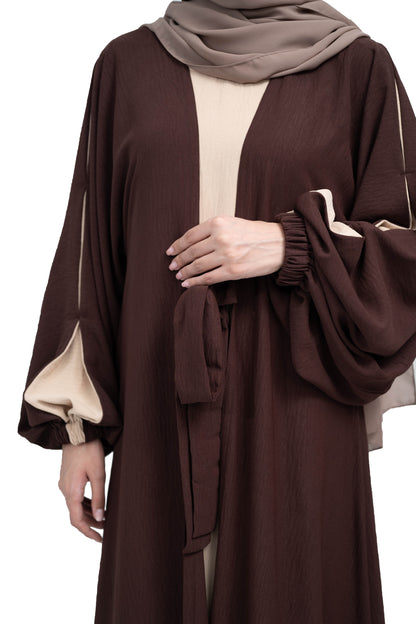 Elegant-Dark-Brown-and-Beige-CY-MilanC-fabric-Abaya-with-Waist-Tie-detail-and-Hijab-641