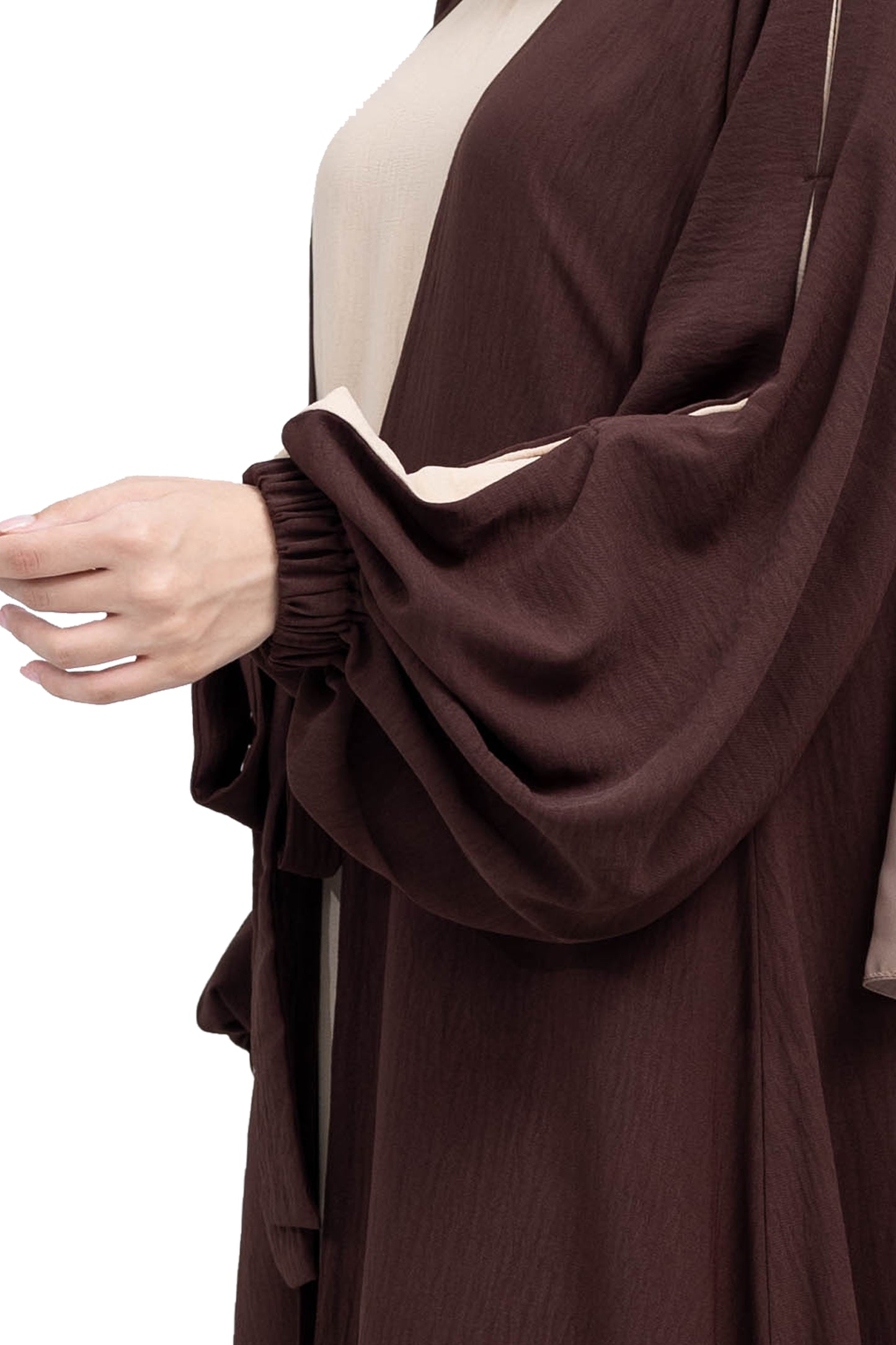 Elegant-Dark-Brown-and-Beige-CY-MilanC-fabric-Abaya-with-Waist-Tie-detail-and-Hijab-641