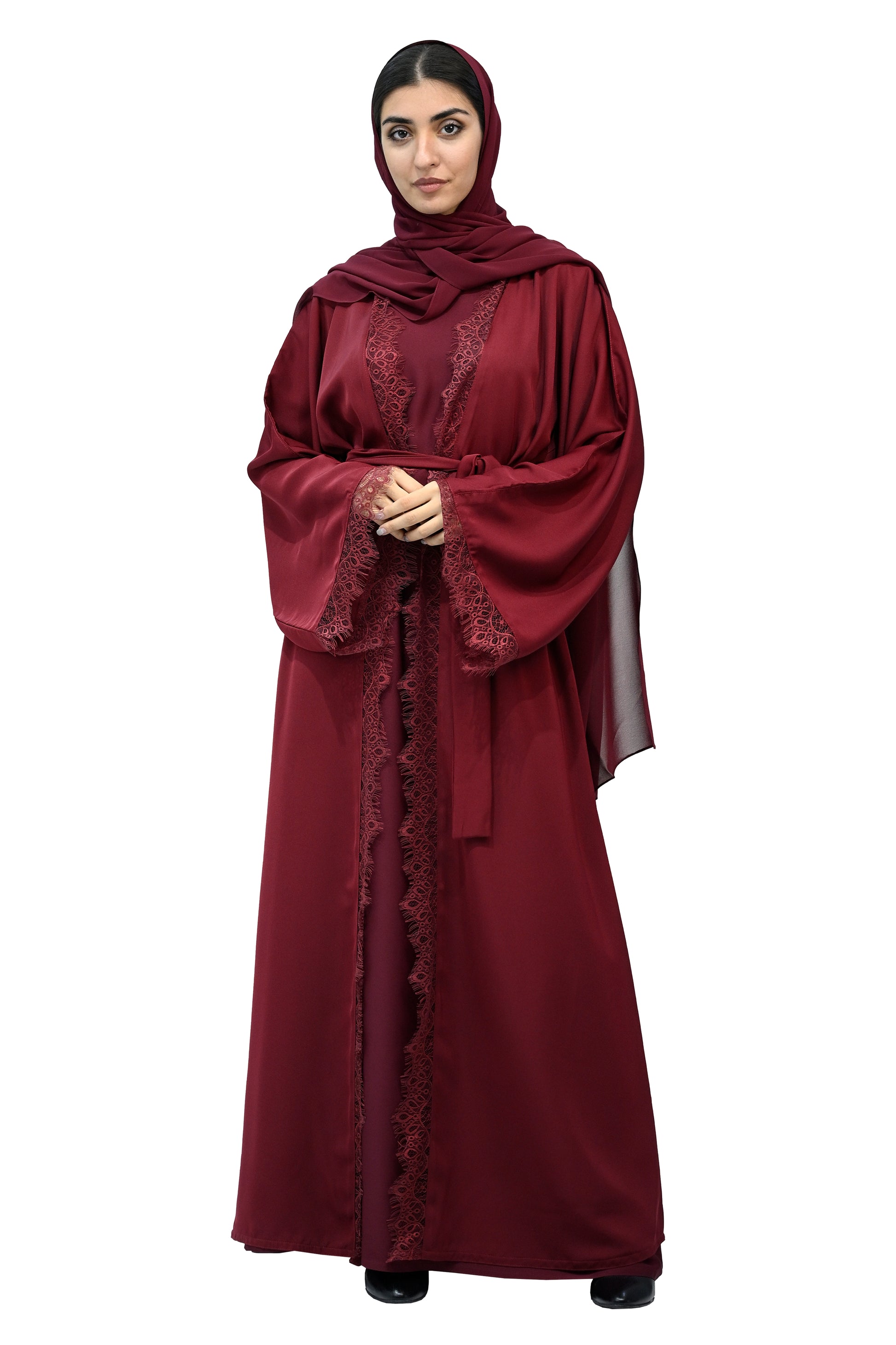 Burgundy-Lace-abaya-with-belt-&-Hijab-694