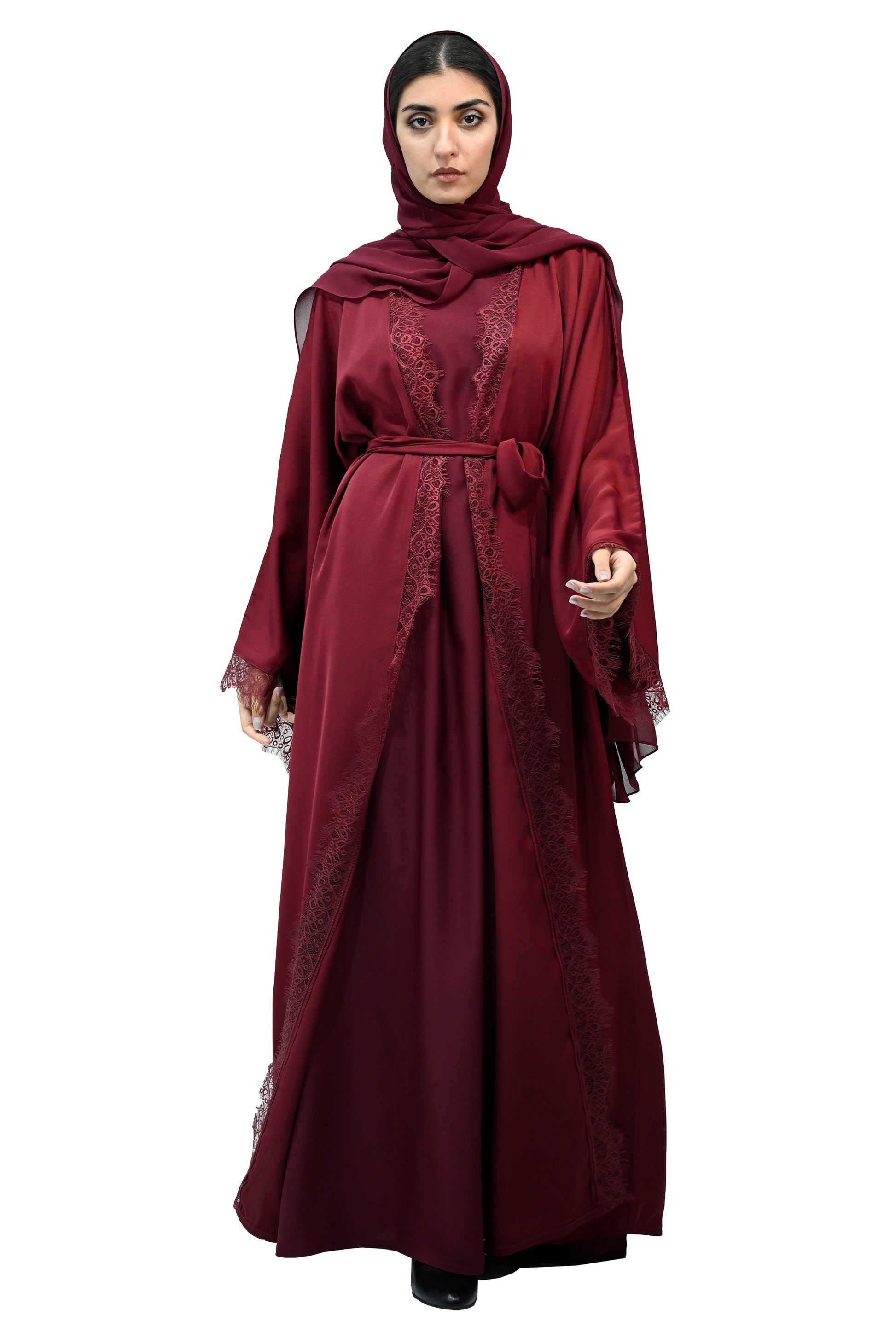 Burgundy Lace abaya with belt & Hijab- Nukhbaa - Dubai- Worldwide Delivery694 Burgundy Lace abaya with belt & Hijab- Nukhbaa - Dubai- Worldwide Delivery694