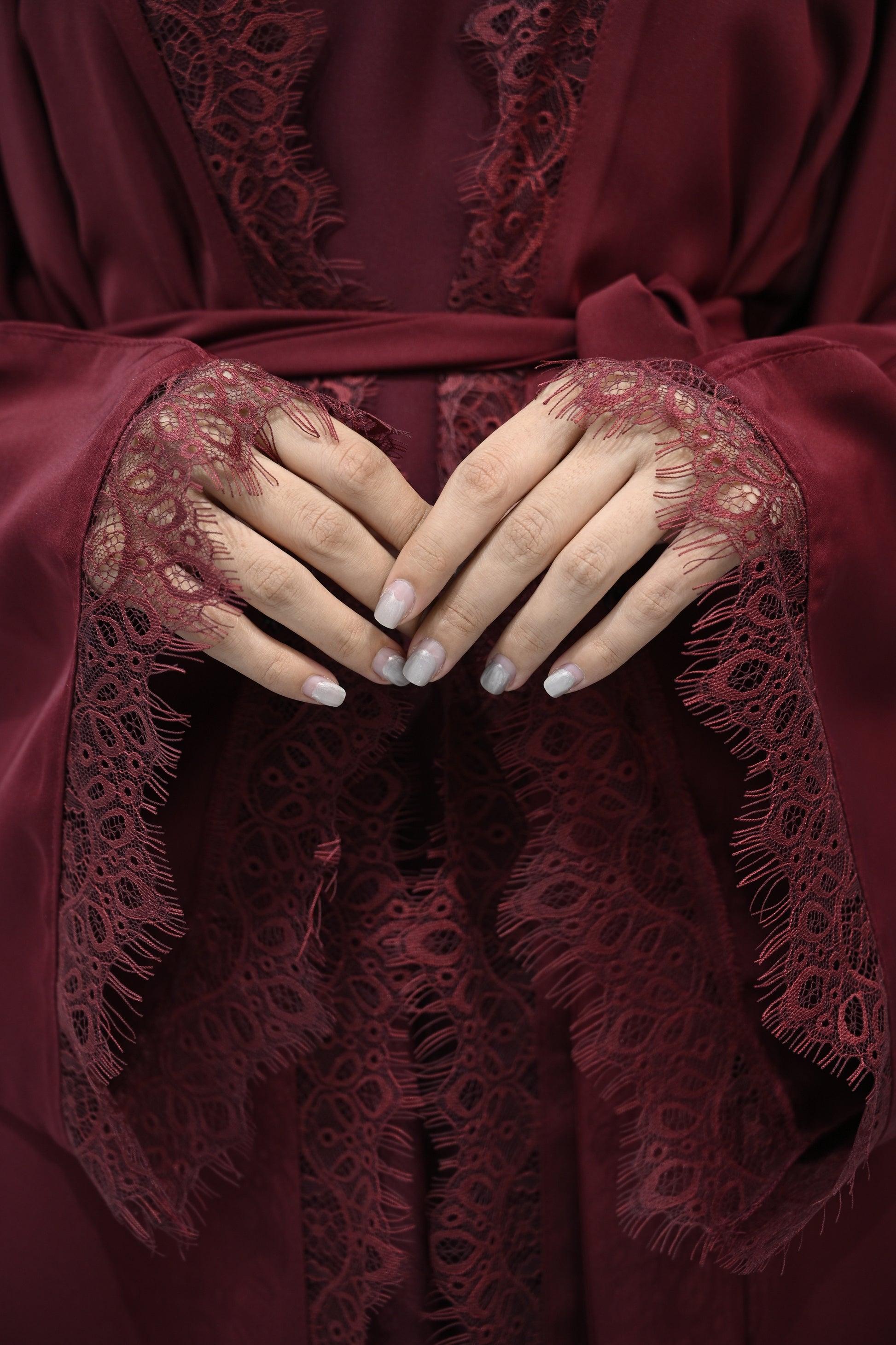 Burgundy Lace abaya with belt & Hijab- Nukhbaa - Dubai- Worldwide Delivery694 Burgundy Lace abaya with belt & Hijab- Nukhbaa - Dubai- Worldwide Delivery694