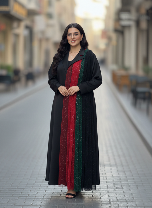 The Pleated UAE Flag Color Sparkle Contrast Abaya-786