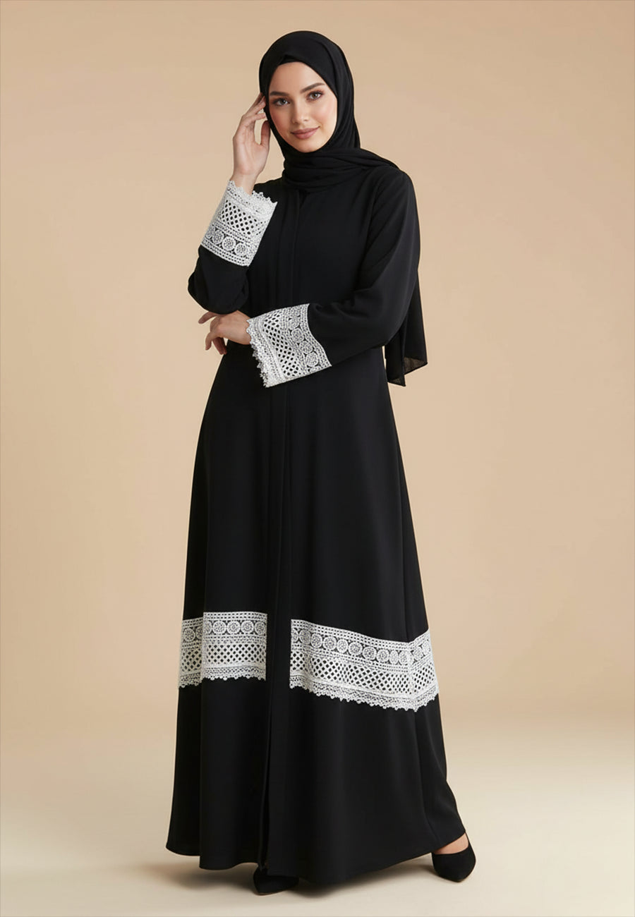 Classic-Black-Abaya-with-White-Crochet-Lace-Hem-&-Cuffs-|-Nida-Fabric-787