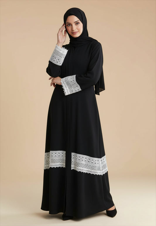 Classic-Black-Abaya-with-White-Crochet-Lace-Hem-&-Cuffs-|-Nida-Fabric-787