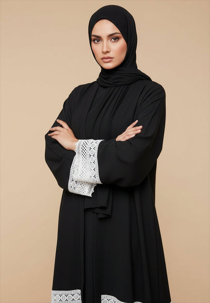 Classic-Black-Abaya-with-White-Crochet-Lace-Hem-&-Cuffs-|-Nida-Fabric-787