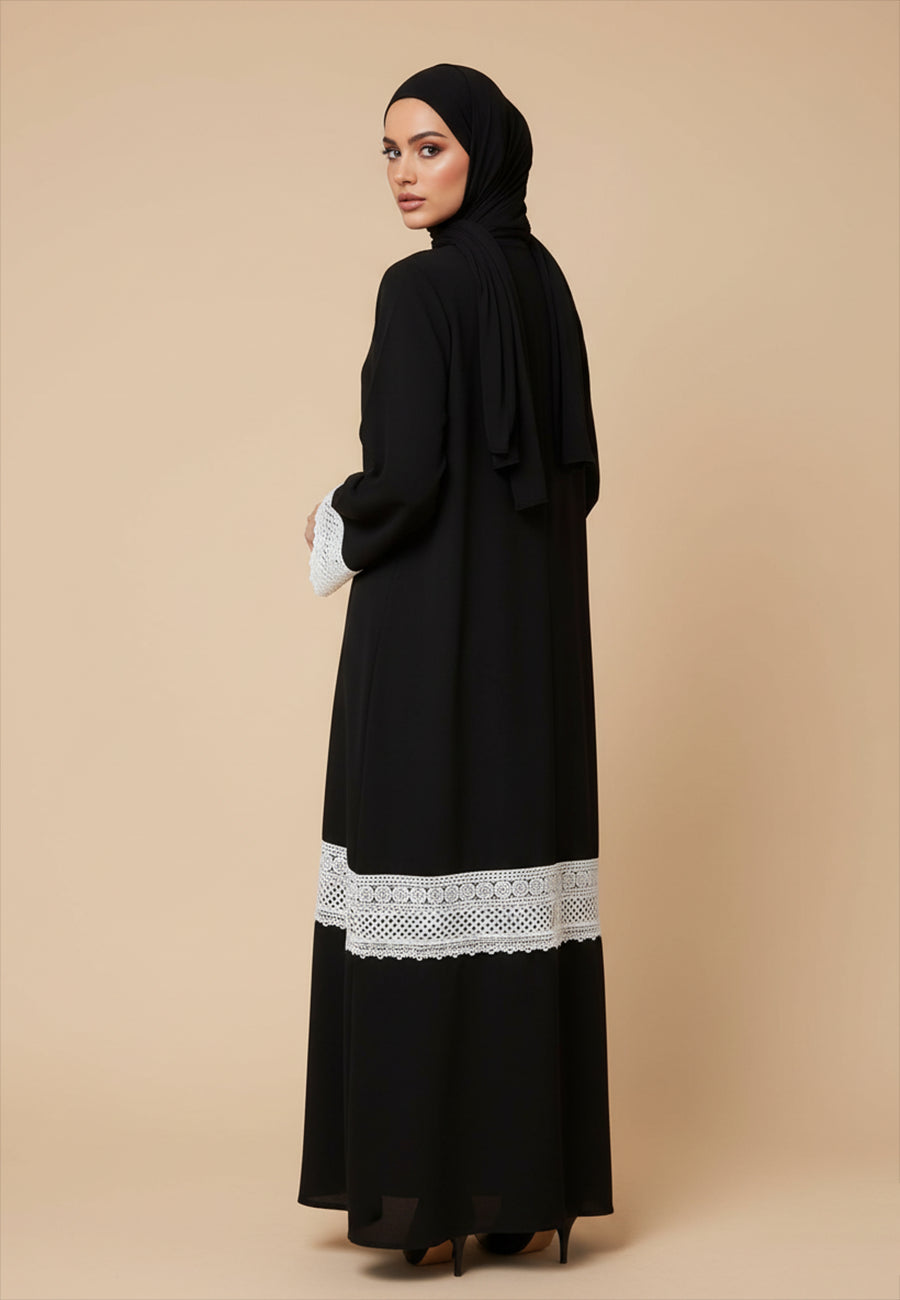 Classic-Black-Abaya-with-White-Crochet-Lace-Hem-&-Cuffs-|-Nida-Fabric-787