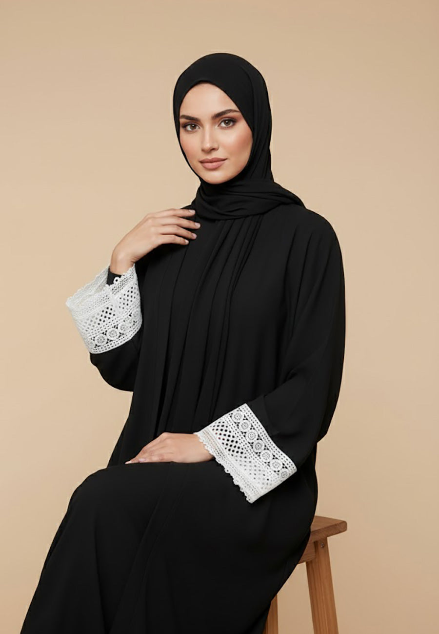 Classic-Black-Abaya-with-White-Crochet-Lace-Hem-&-Cuffs-|-Nida-Fabric-787