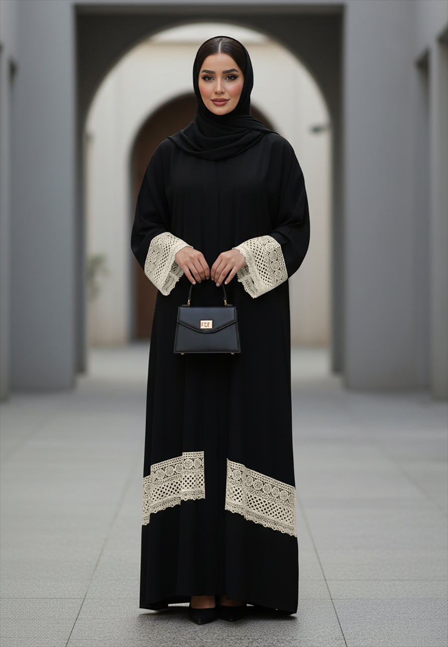 Classic-Black-Nida-Abaya-with-Cream-Lace-Insert-Detail-|-Nida-Fabric-788