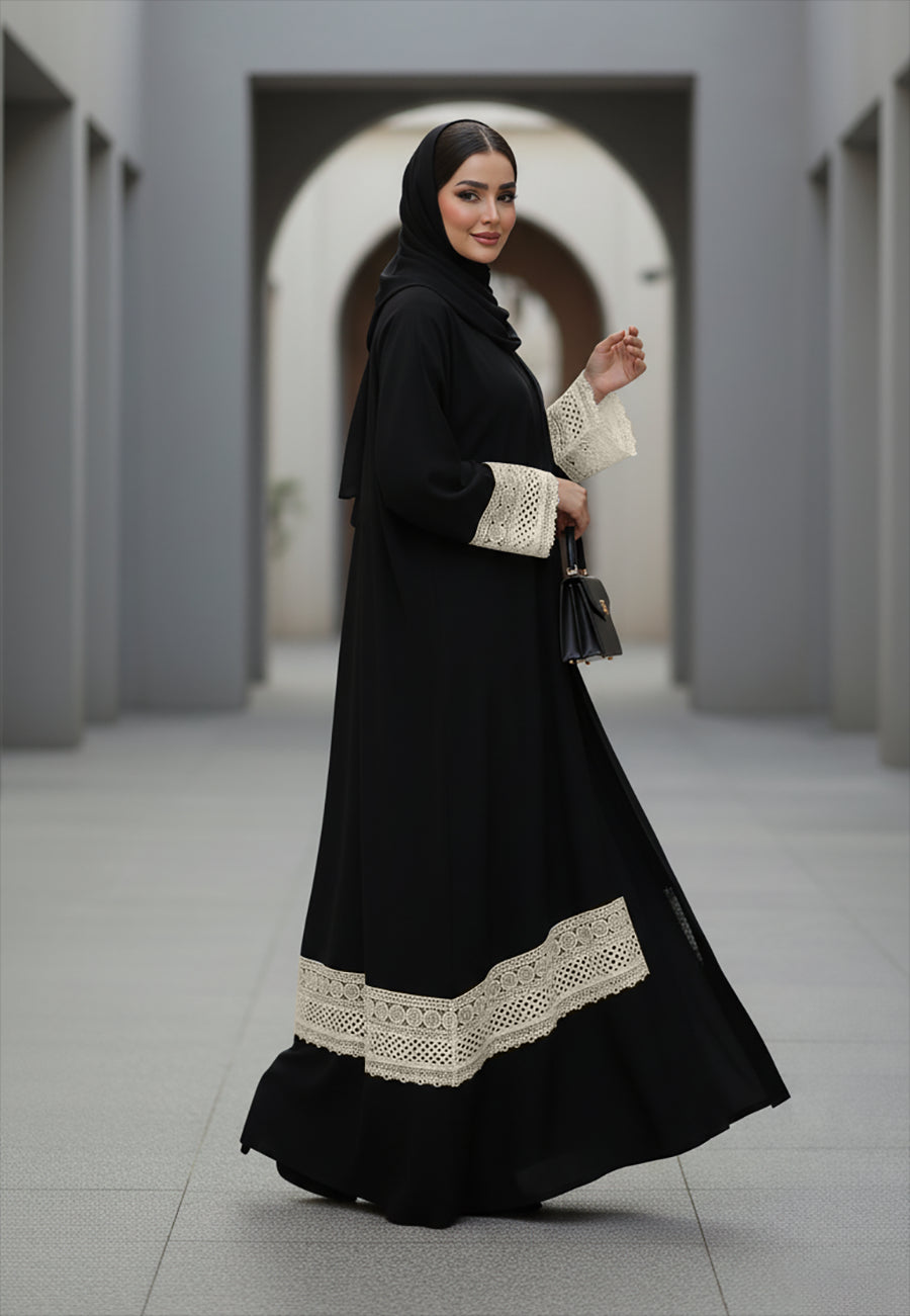 Classic-Black-Nida-Abaya-with-Cream-Lace-Insert-Detail-|-Nida-Fabric-788