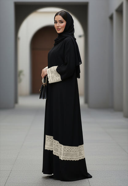 Classic-Black-Nida-Abaya-with-Cream-Lace-Insert-Detail-|-Nida-Fabric-788
