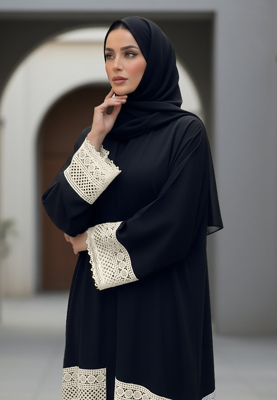 Classic-Black-Nida-Abaya-with-Cream-Lace-Insert-Detail-|-Nida-Fabric-788